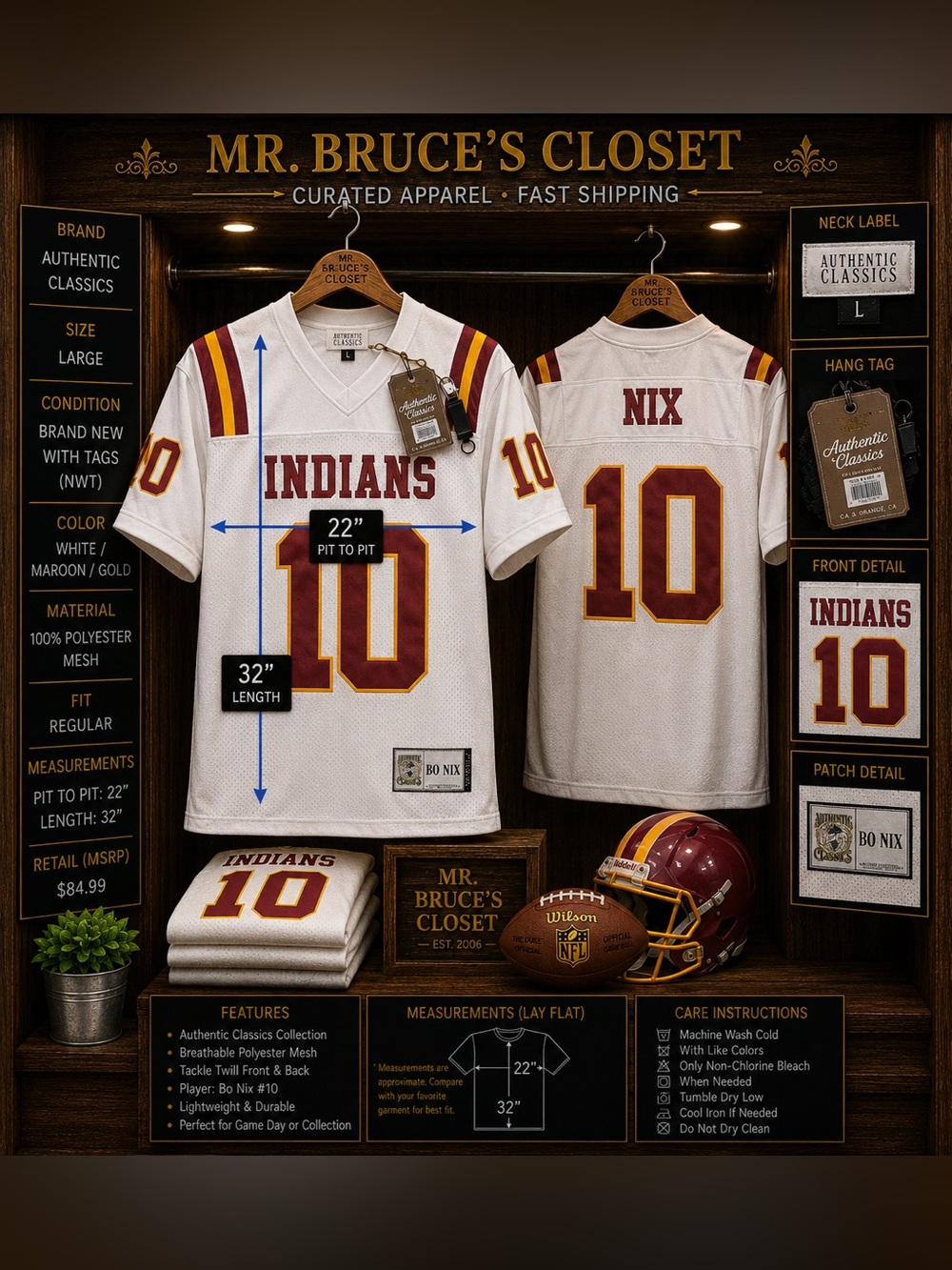 Bo Nix Indians #10 High School Football Jersey - White with Maroon & Gold